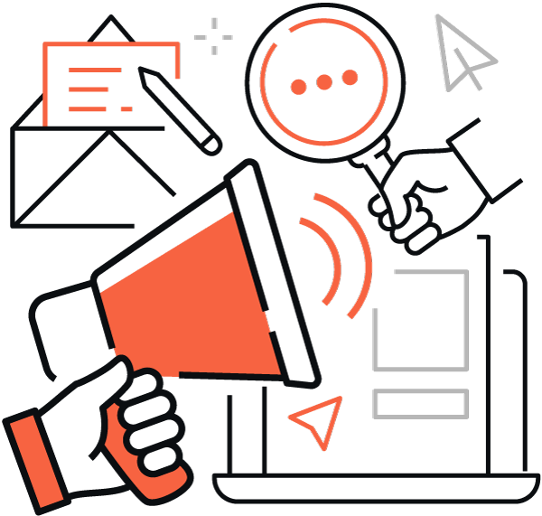 Revenda de importação transfronteiriça EC Ilustração gráfica de ferramentas de marketing digital, como megafone, ícone de pesquisa, celular, documentos, etc., representados em esquema de cores laranja e preto.